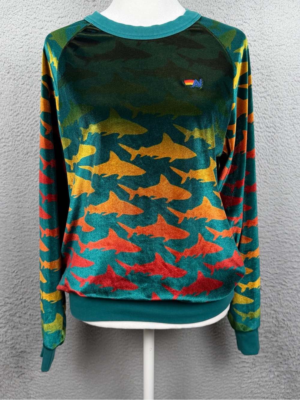Aviator Nation Velvet Sweatshirt Womens XS Multicolor Shark Rainbow Pullover
